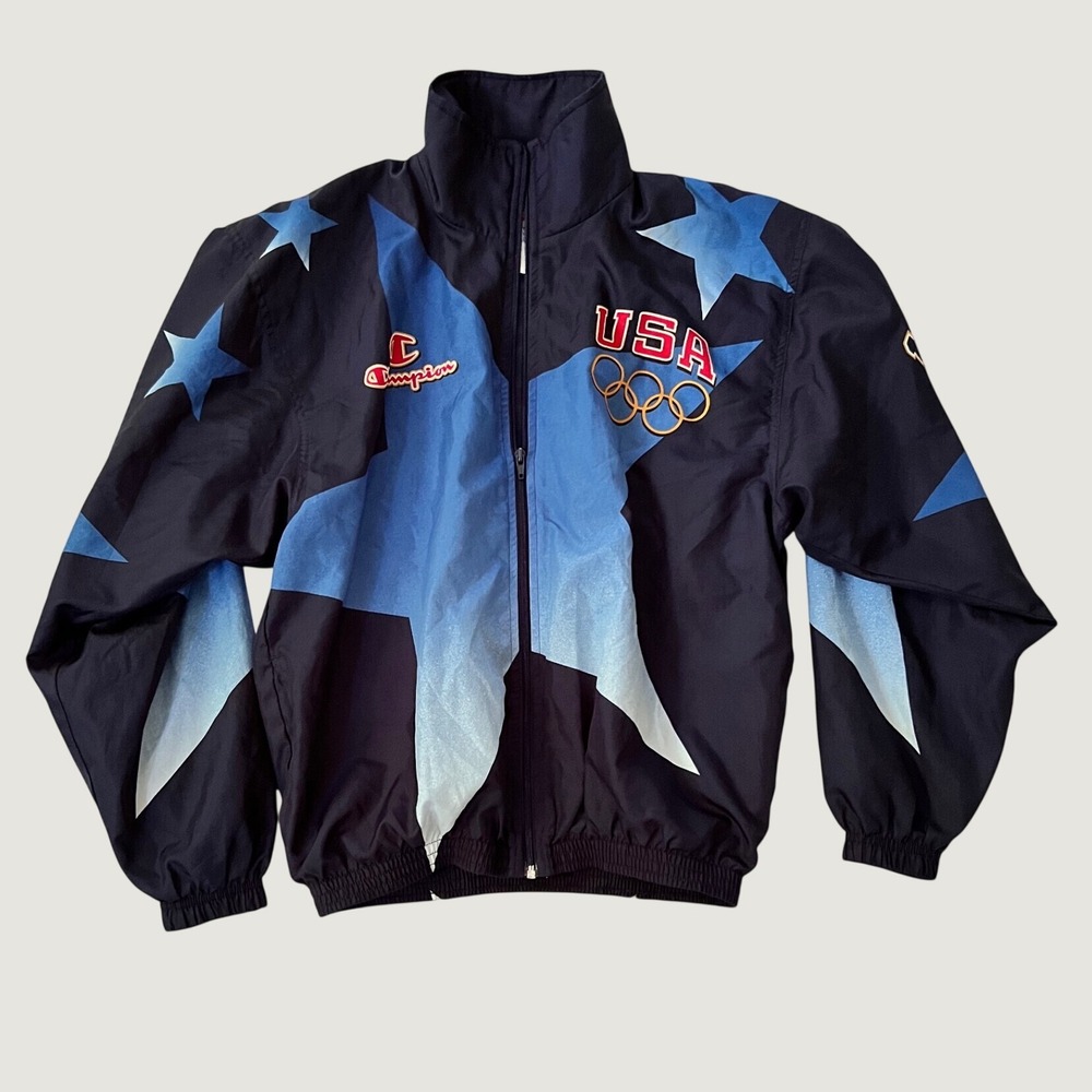 VTG Champion Windbreaker Navy Blue 1996 Atlanta USA Olympics Star Jacket Large